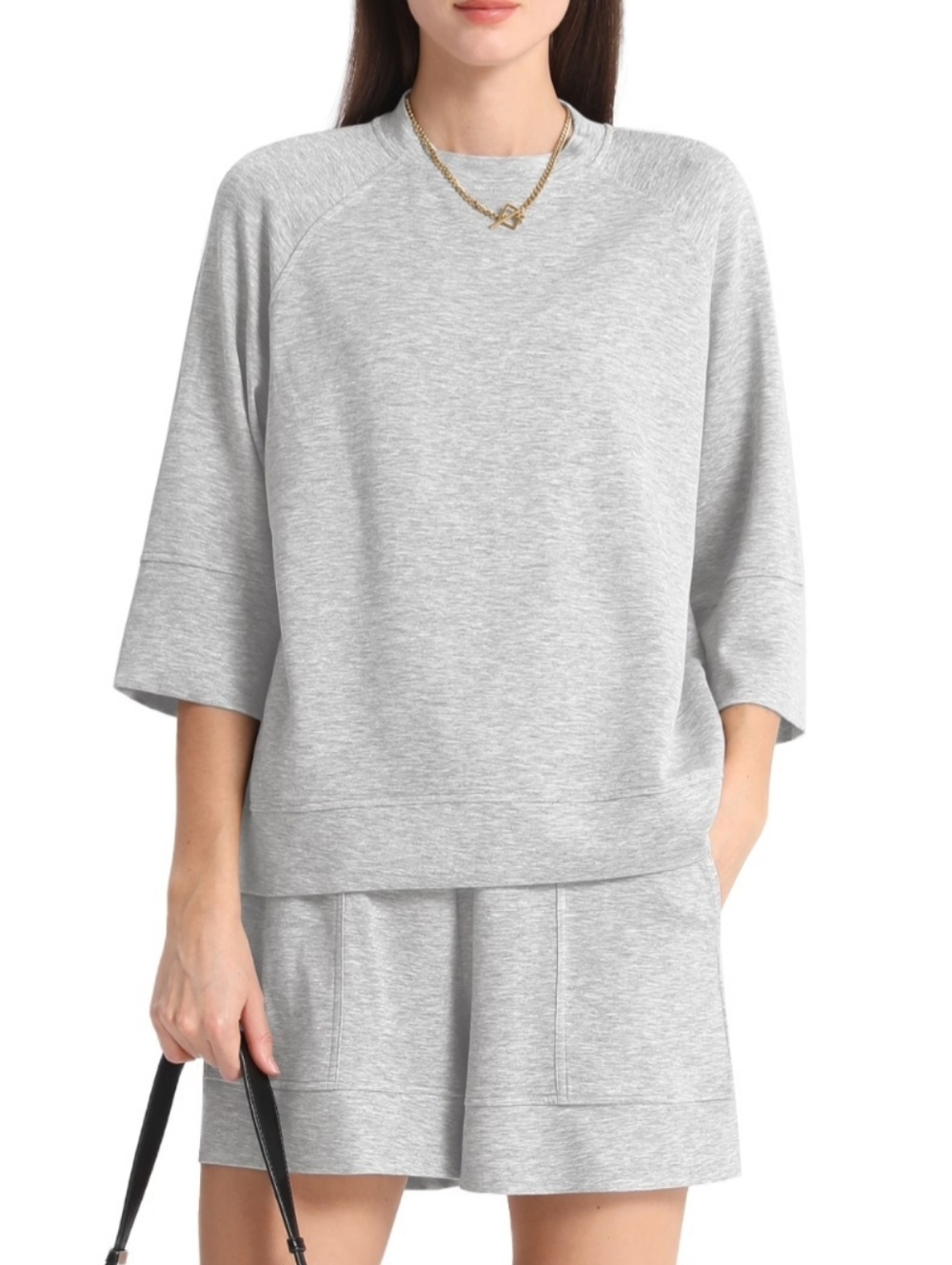 MINTREUS Women's Mock Neck Lounge Set 3/4 Sleeve Tops and Elastic Waist Short M